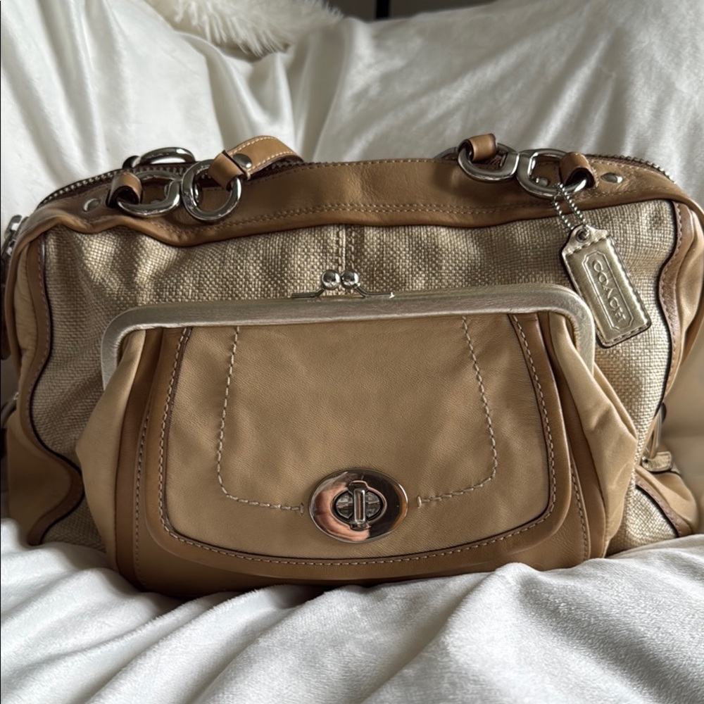 Coach unique Tan Shoulder Bag with Leather Trim. Twist lock & kids lock on bag